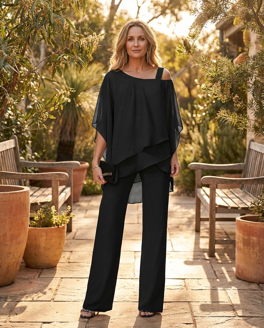 Anouk draped batwing top and trouser set in black, worn - Lia Dora
