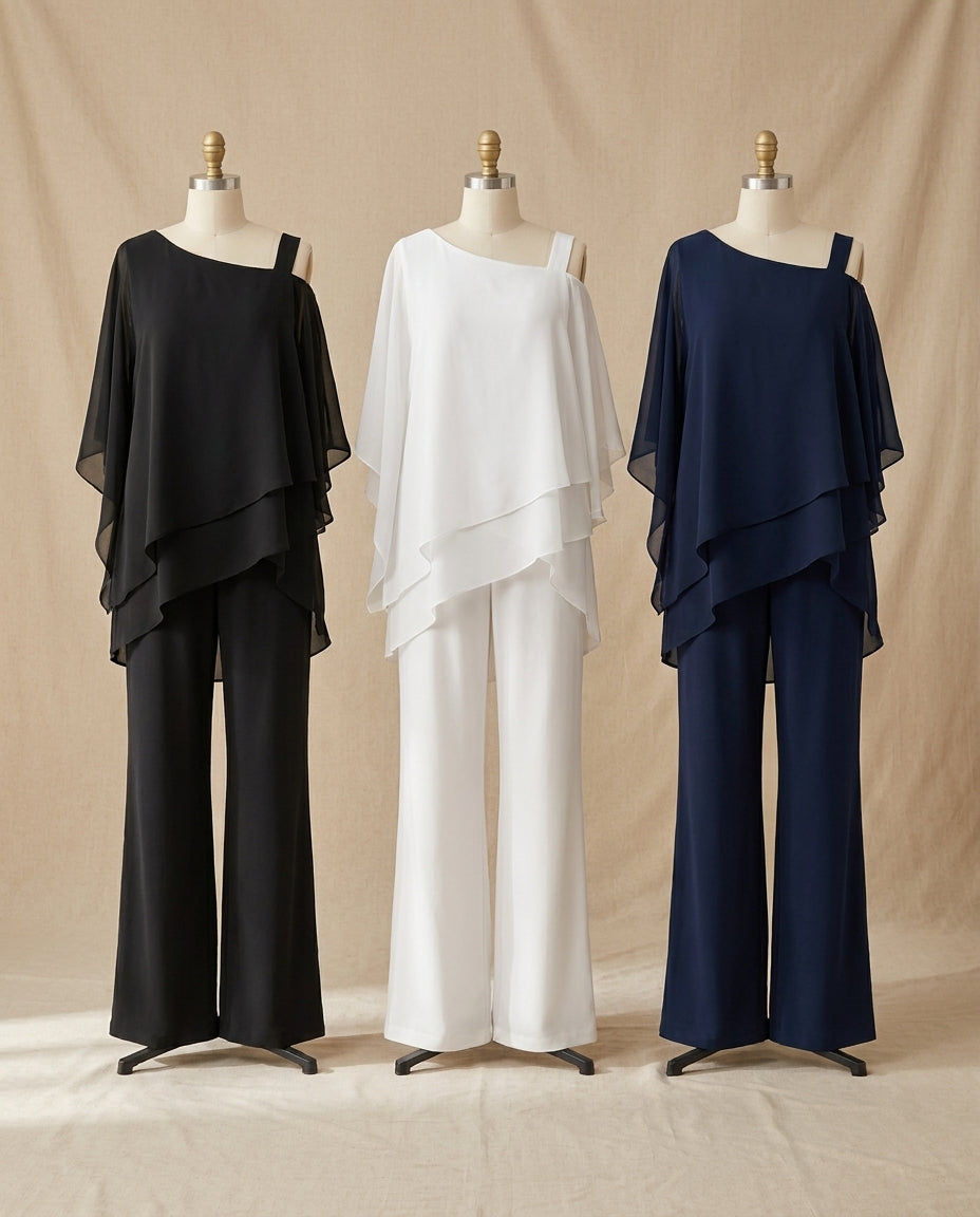 Anouk draped batwing top and trouser set in black, white and navy - Lia Dora