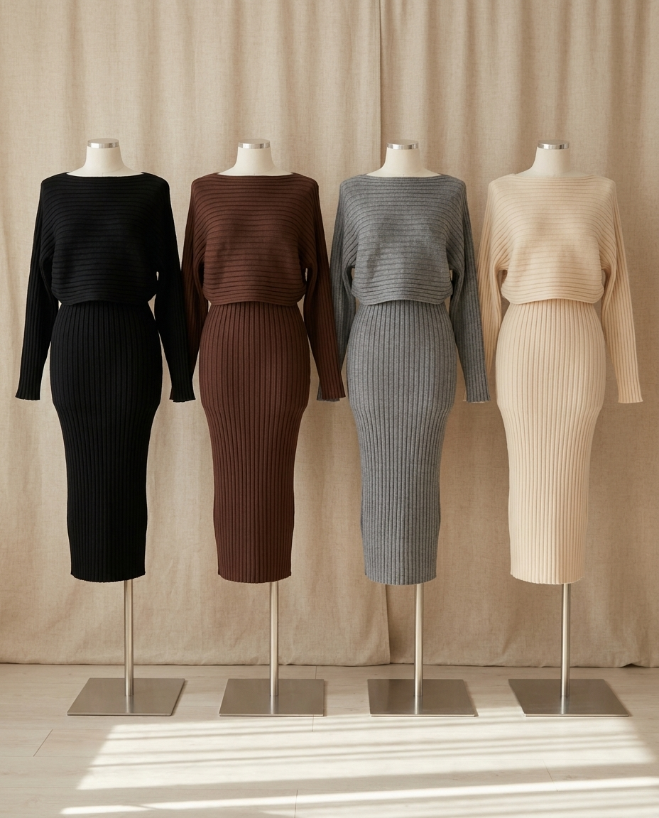 Verity ribbed knit top and skirt set in black, dark brown, grey and beige - Lia Dora