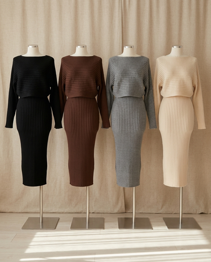 Verity ribbed knit top and skirt set in black, dark brown, grey and beige - Lia Dora