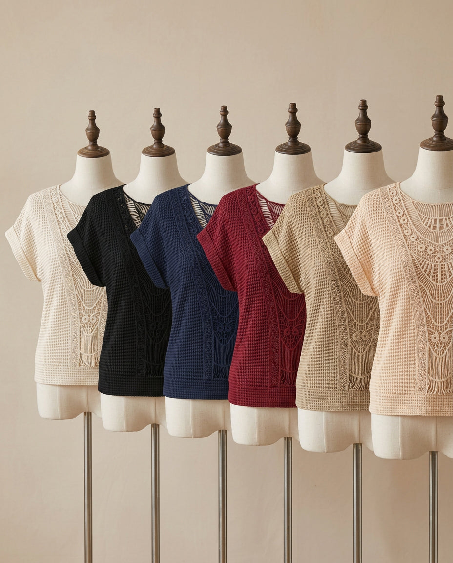 Juliette crochet short-sleeve top in beige, black, navy, wine red, khaki and apricot - Lia Dora