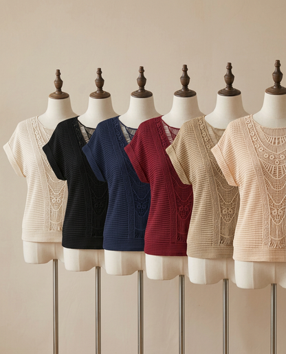 Juliette crochet short-sleeve top in beige, black, navy, wine red, khaki and apricot - Lia Dora