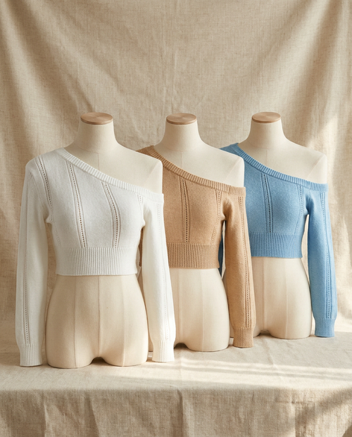 Willa off-shoulder cropped knit in white, camel and blue - Lia Dora