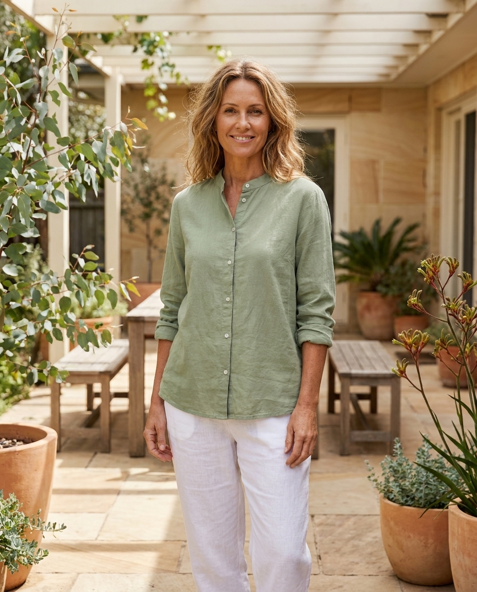 Romy relaxed linen shirt in green, worn - Lia Dora