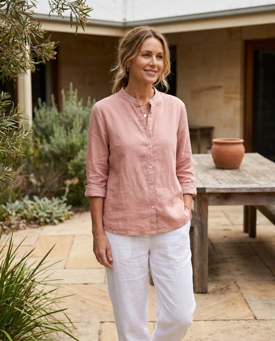 Romy relaxed linen shirt in pink, worn - Lia Dora
