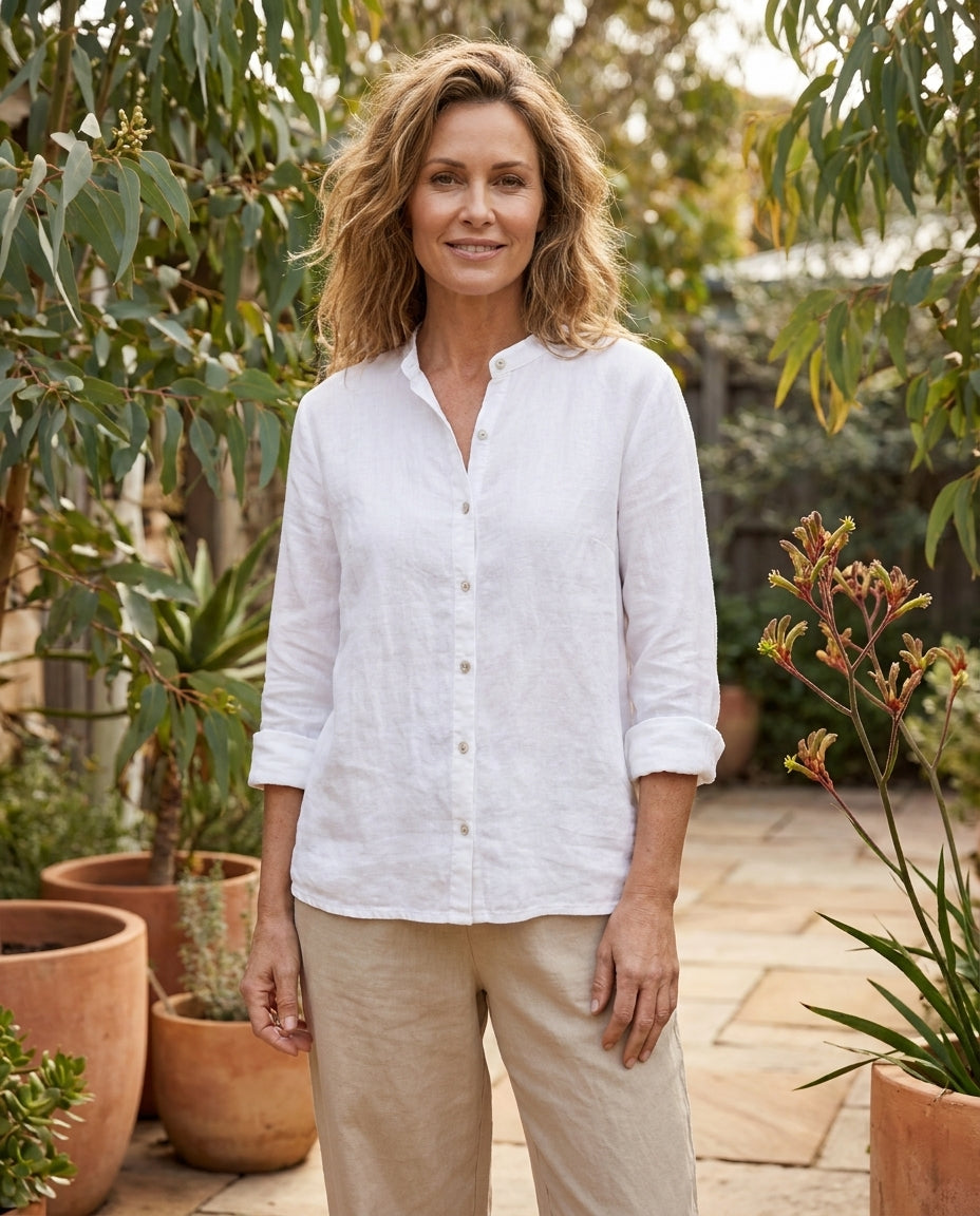 Romy relaxed linen shirt in white, worn - Lia Dora