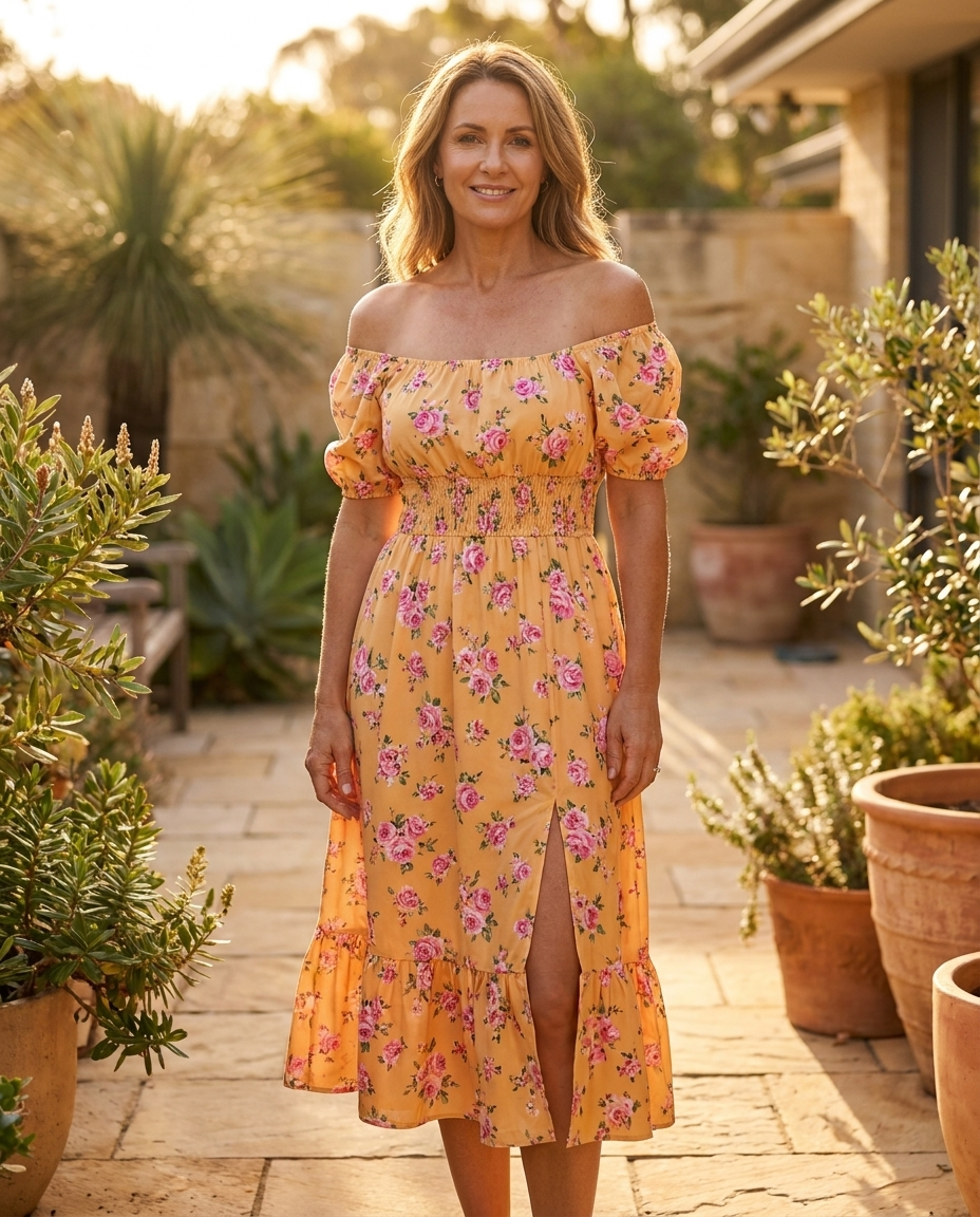 Vivienne off-shoulder floral midi dress in yellow, worn - Lia Dora