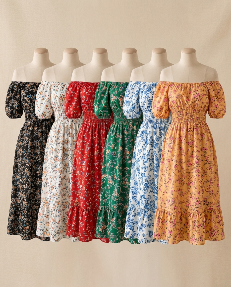 Vivienne off-shoulder floral midi dress in black, white, red, green, blue and yellow - Lia Dora