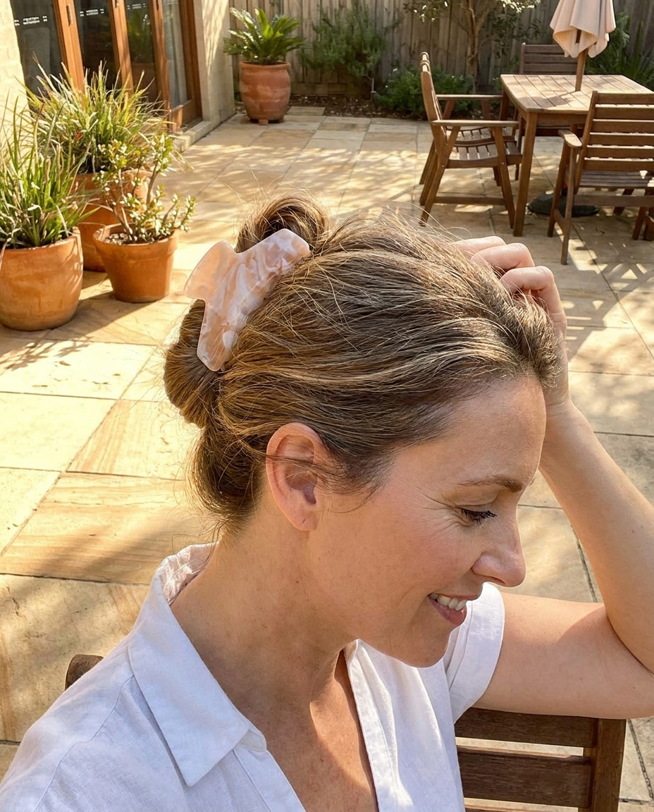 Sadie Colour-Change Acetate Claw Clip worn in Peach, lifestyle photo