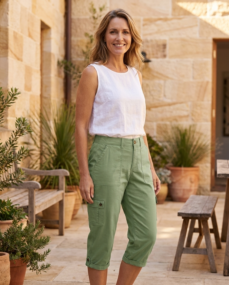 Colette high-waist capri trousers in green, worn - Lia Dora