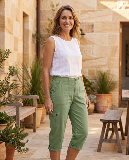 Colette high-waist capri trousers in green, worn - Lia Dora