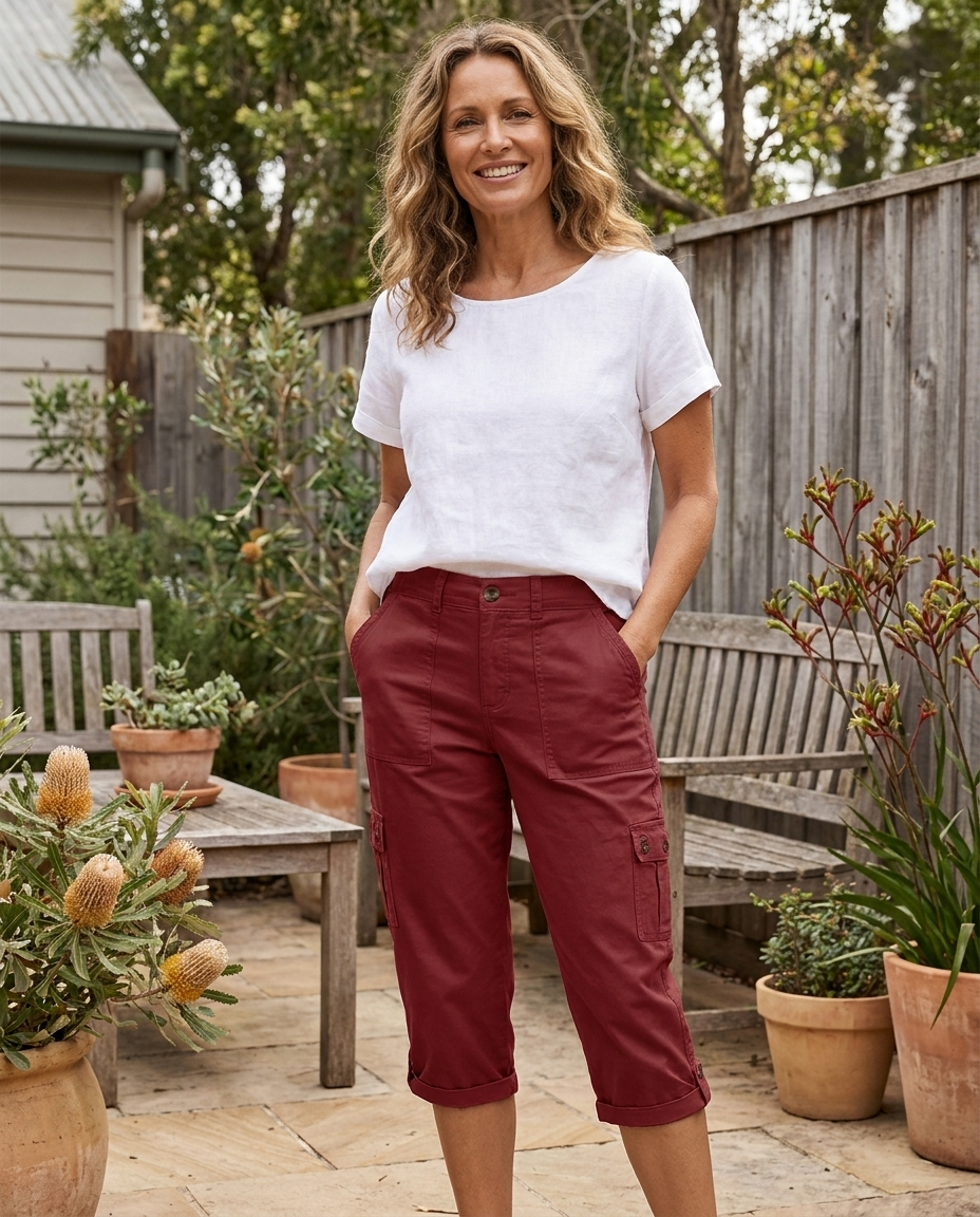 Colette high-waist capri trousers in wine red, worn - Lia Dora