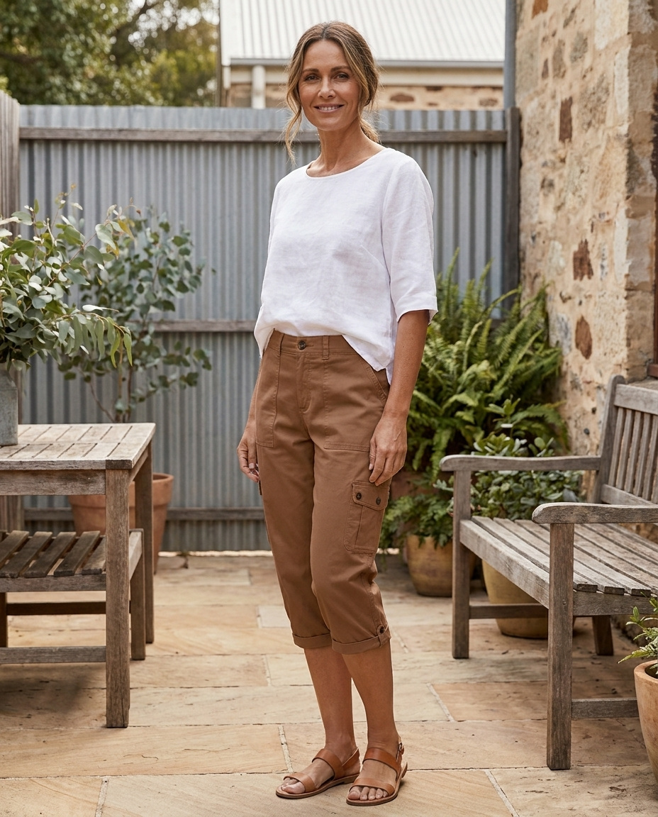 Colette high-waist capri trousers in brown, worn - Lia Dora