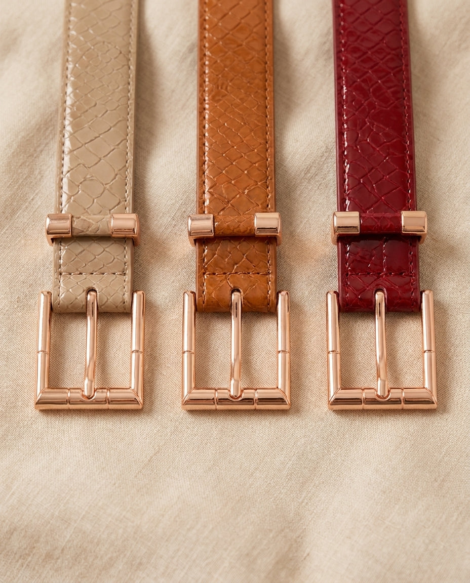 Elodie Rose Gold Buckle Belt in beige, camel and wine red - Lia Dora