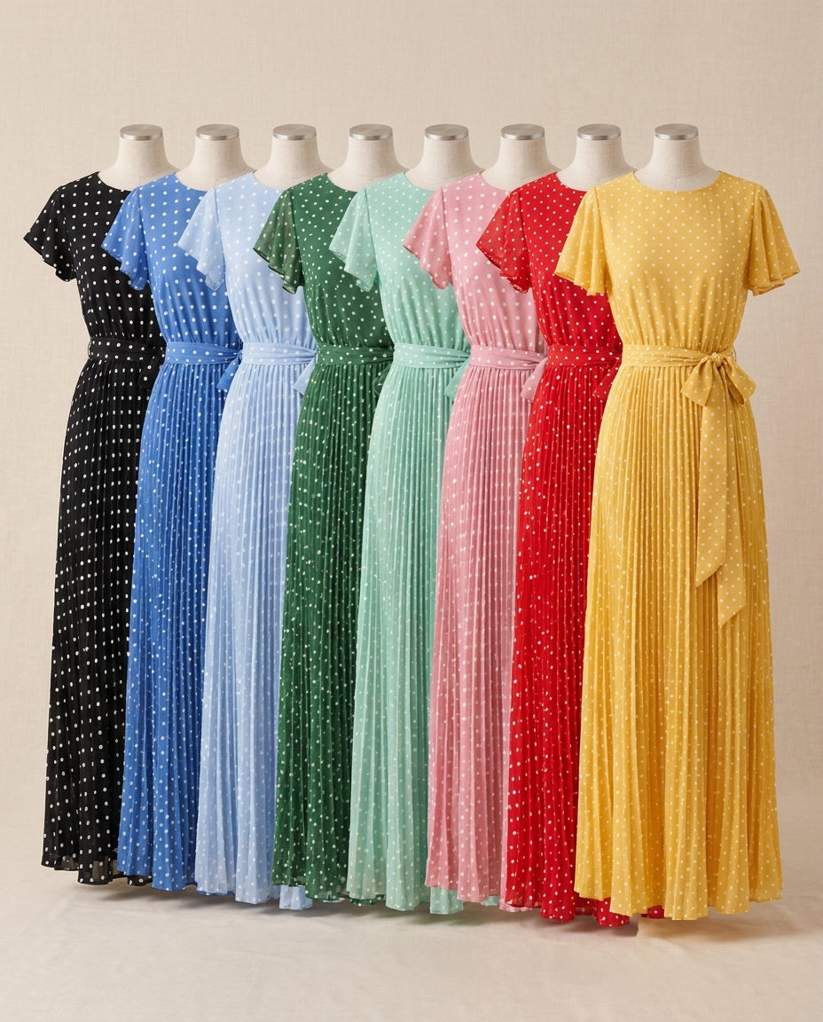Isabelle Polka Dot Pleated Midi Dress in all 8 colours - Lia Dora