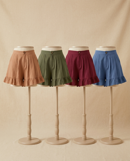 Faye High-Waist Ruffle Shorts in khaki, army green, wine red and blue - Lia Dora