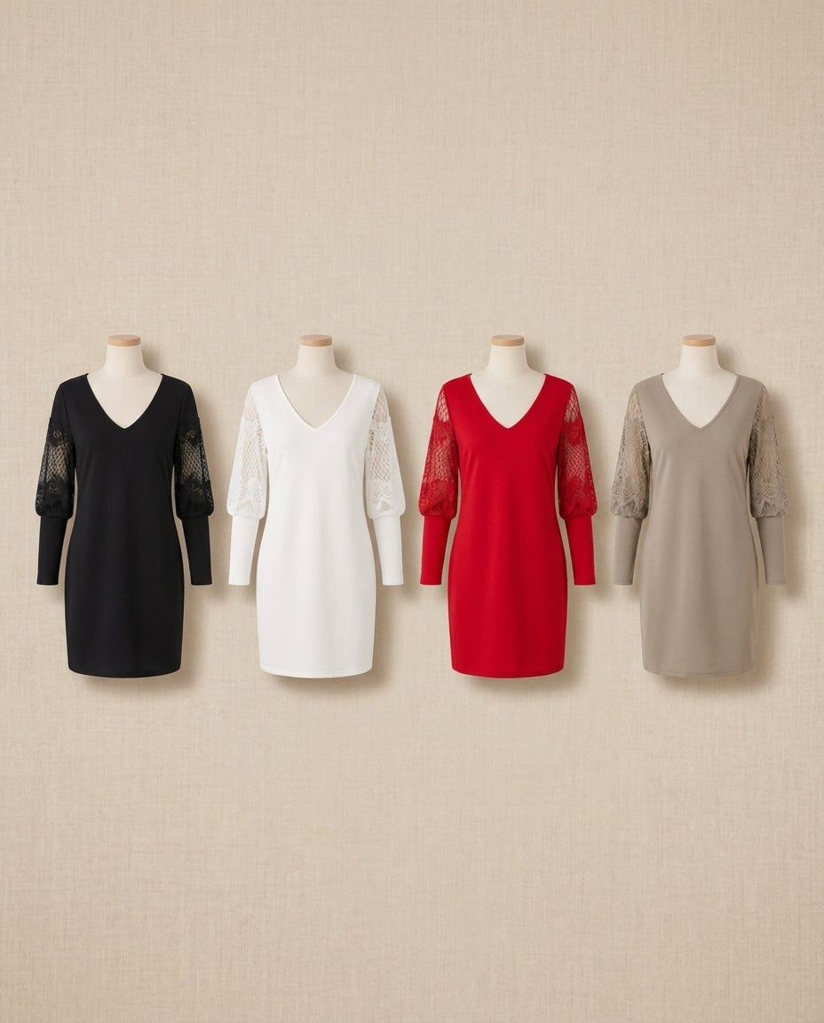 Simone Lace-Panel V-Neck Dress in black, white, red and khaki - Lia Dora