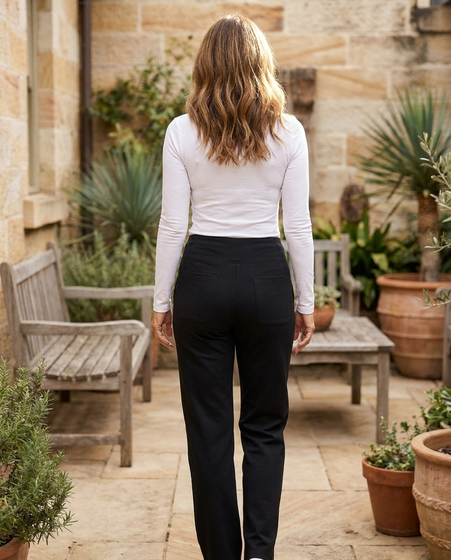 Quinn knit high-waist trousers in black, back view - Lia Dora