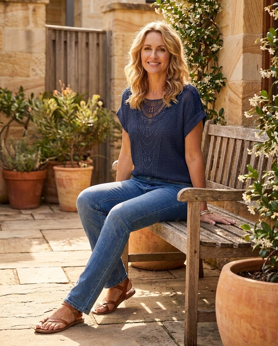 Juliette crochet short-sleeve top in navy, worn - Lia Dora