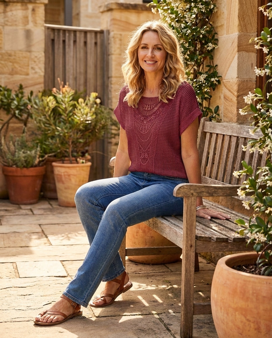 Juliette crochet short-sleeve top in wine red, worn - Lia Dora