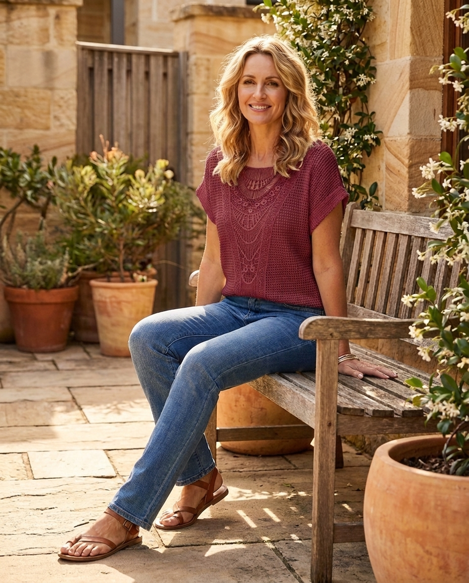 Juliette crochet short-sleeve top in wine red, worn - Lia Dora