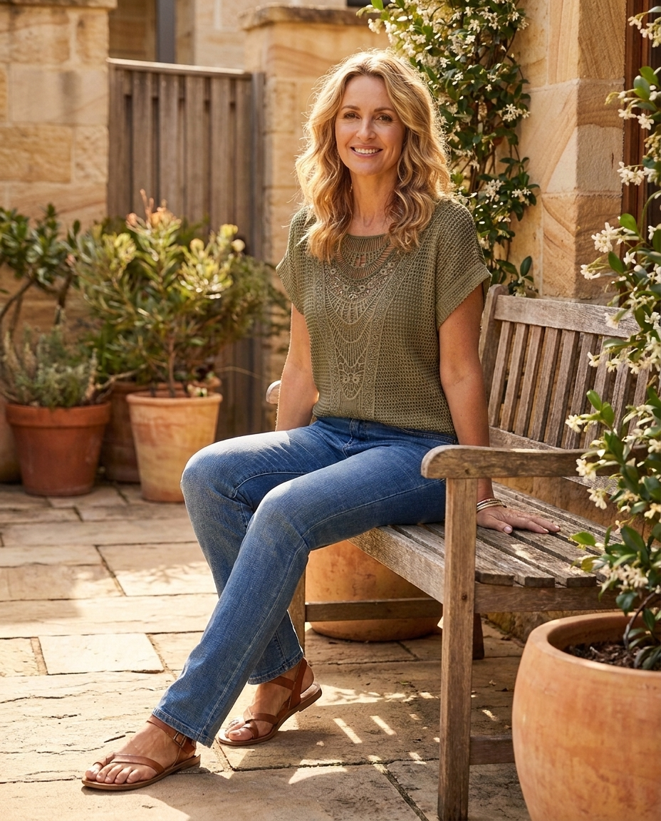 Juliette crochet short-sleeve top in khaki, worn - Lia Dora