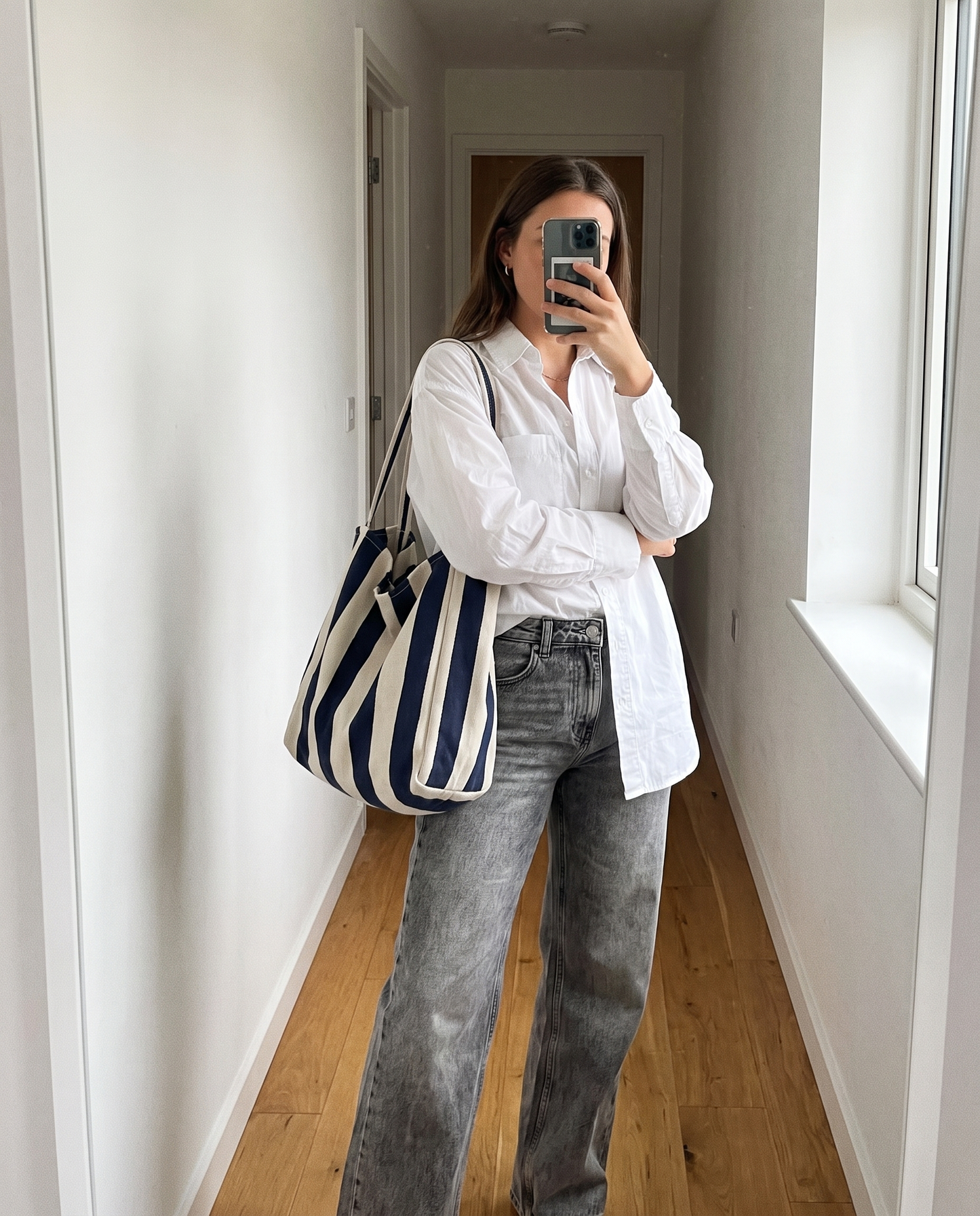 Alba striped canvas shopper carried over the shoulder in wide blue stripe