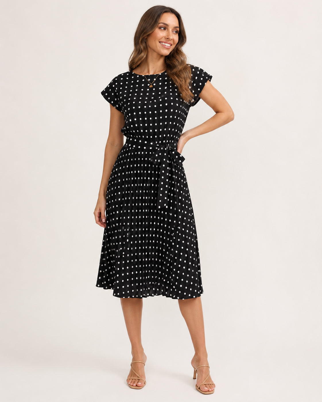 Isabelle Polka Dot Pleated Midi Dress in Black