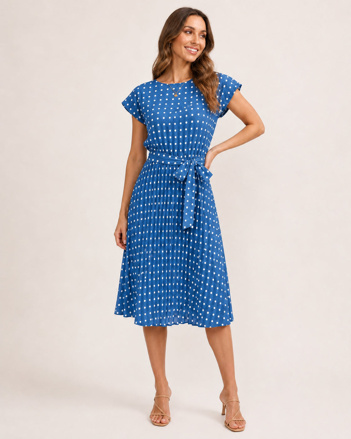 Isabelle Polka Dot Pleated Midi Dress in Blue