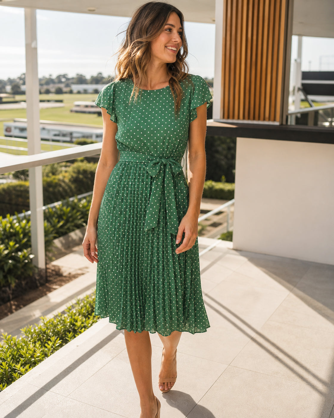 Isabelle Polka Dot Pleated Midi Dress in Green — Australian race day