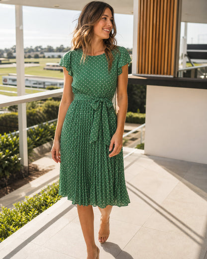 Isabelle Polka Dot Pleated Midi Dress in Green — Australian race day