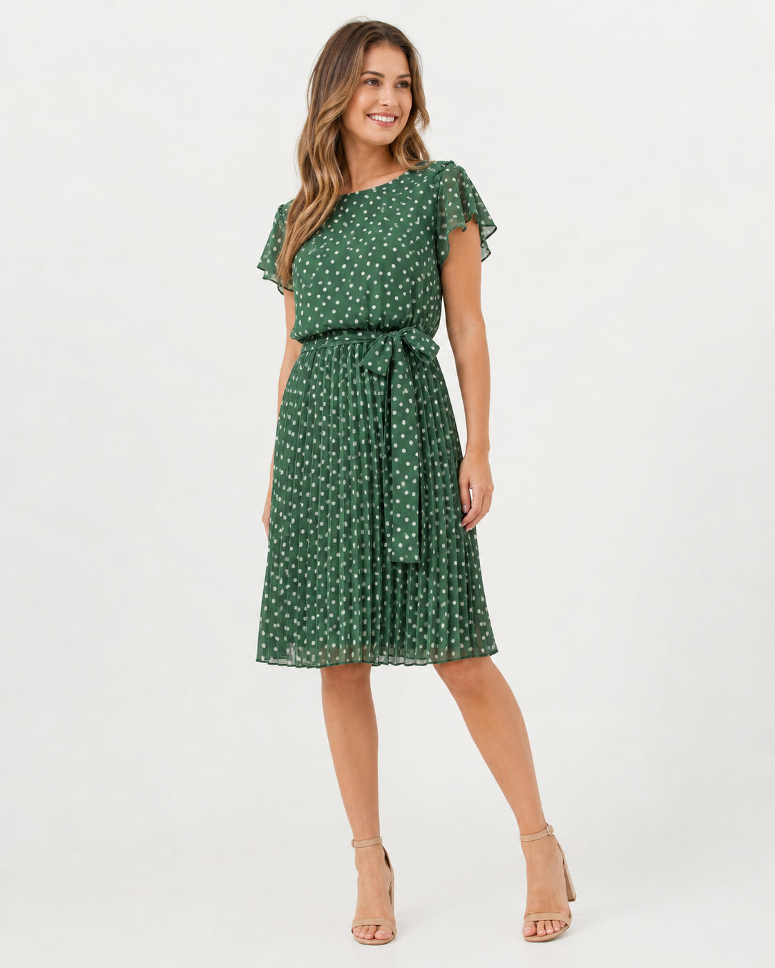 Isabelle Polka Dot Pleated Midi Dress in Green