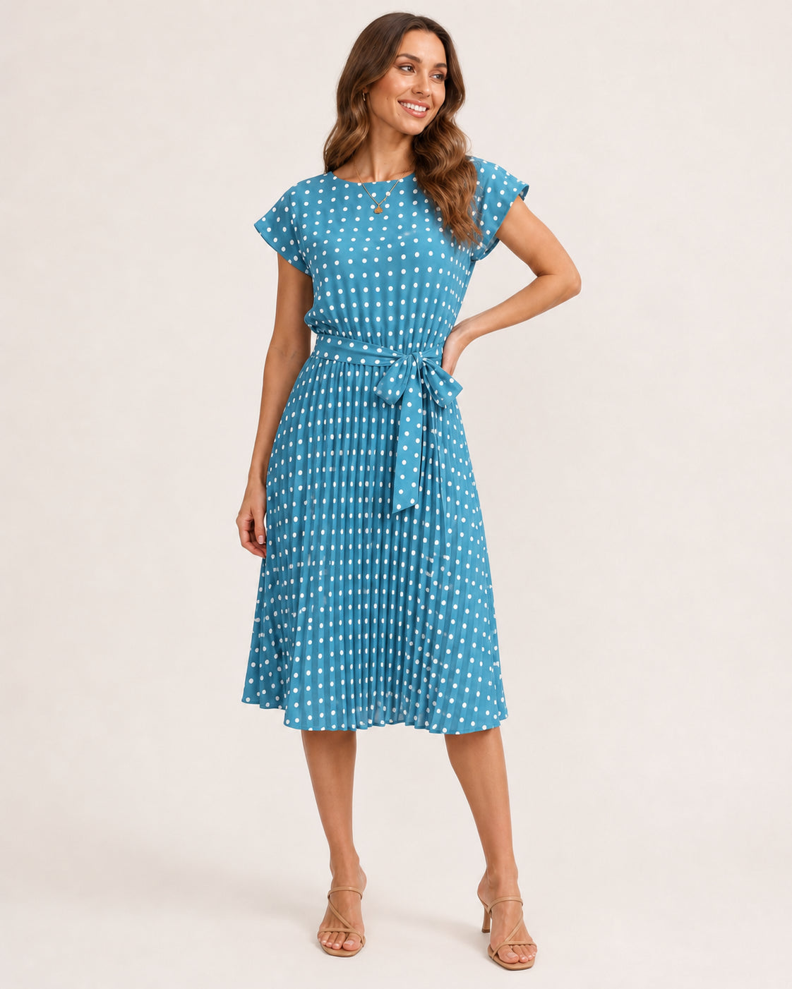 Isabelle Polka Dot Pleated Midi Dress in Light Blue