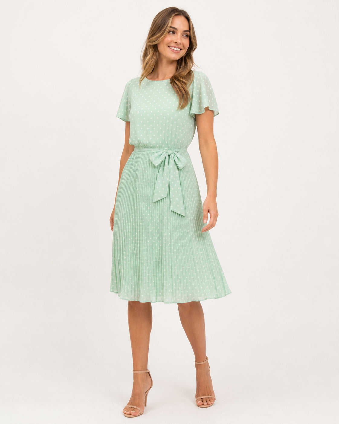 Isabelle Polka Dot Pleated Midi Dress in Mint Green