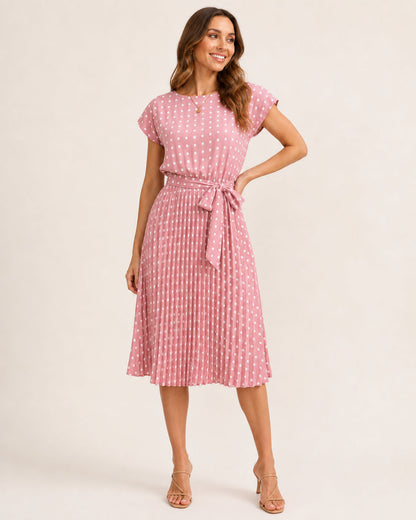 Isabelle Polka Dot Pleated Midi Dress in Pink