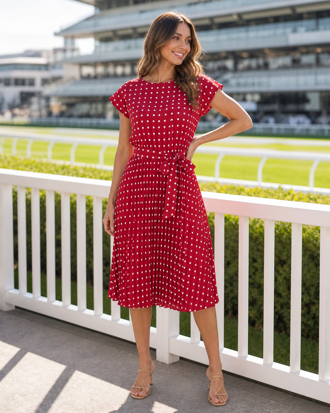 Isabelle Polka Dot Pleated Midi Dress in Red — Australian race day