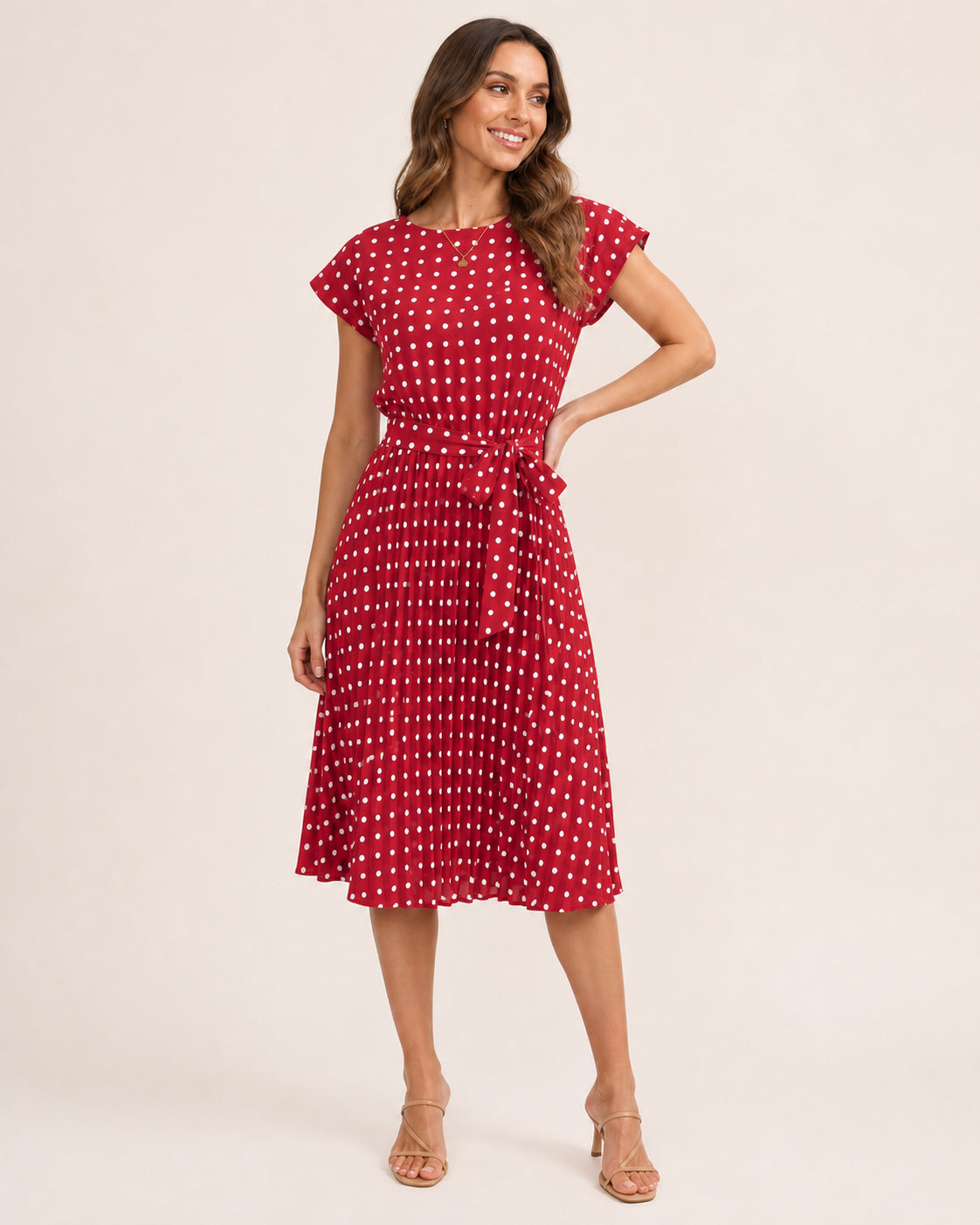 Isabelle Polka Dot Pleated Midi Dress in Red