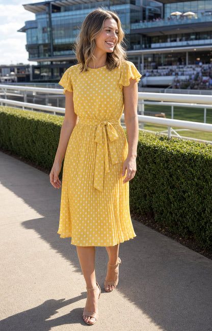 Isabelle Polka Dot Pleated Midi Dress in Yellow — Australian race day