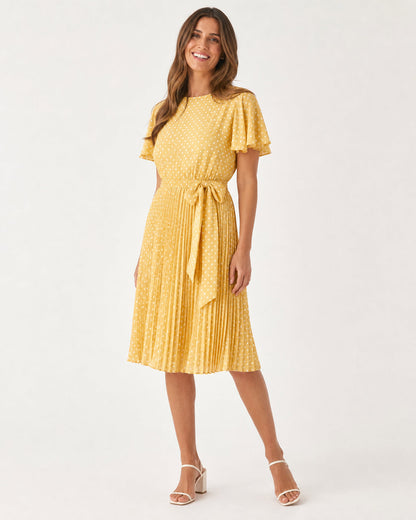 Isabelle Polka Dot Pleated Midi Dress in Yellow