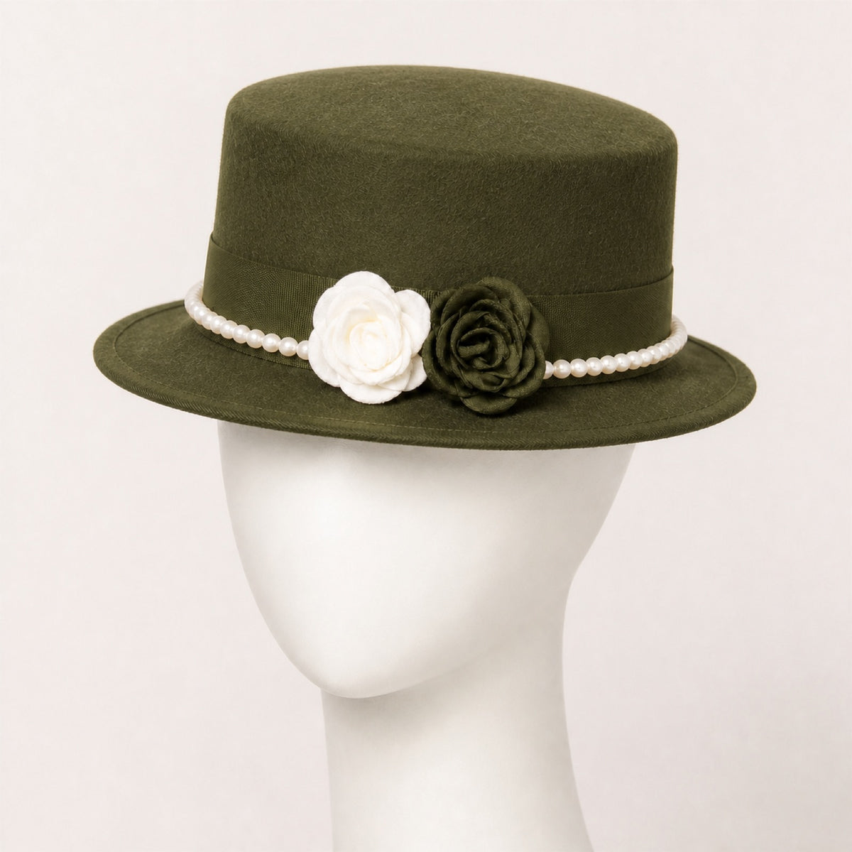 Mabel Pearl Chain Flat Top Hat in army green