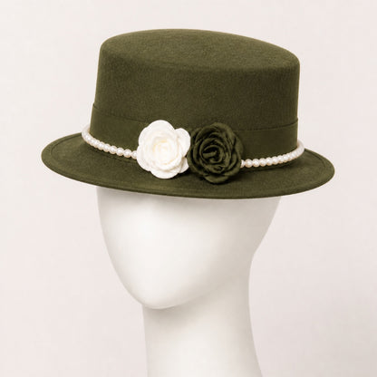 Mabel Pearl Chain Flat Top Hat in army green