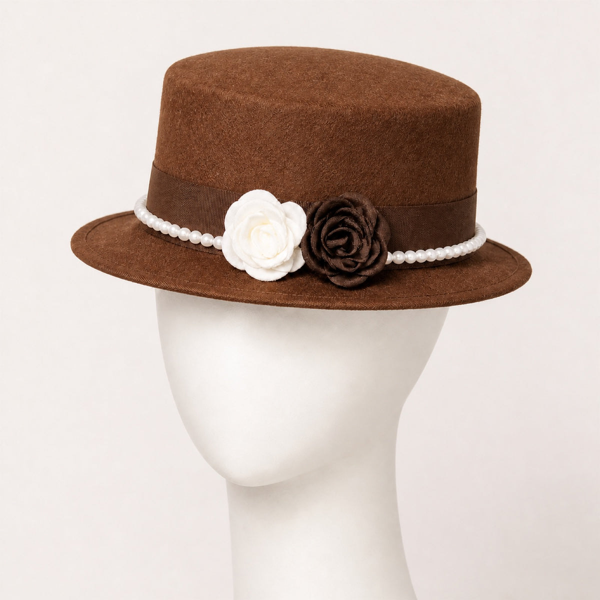 Mabel Pearl Chain Flat Top Hat in brown