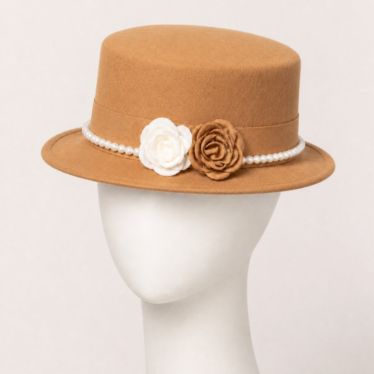 Mabel Pearl Chain Flat Top Hat in camel