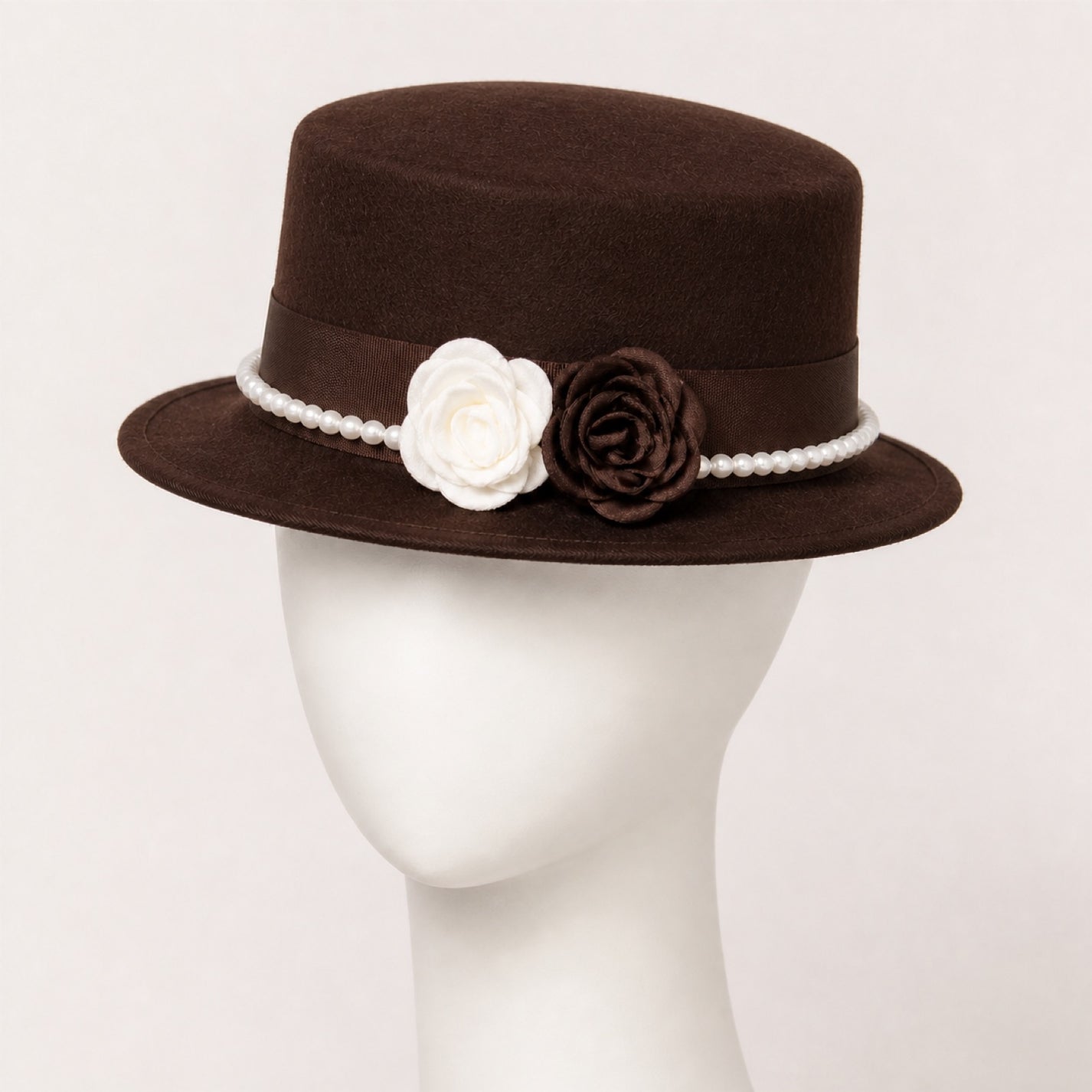Mabel Pearl Chain Flat Top Hat in coffee brown