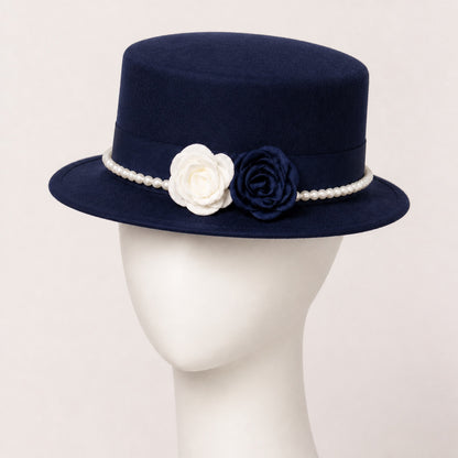 Mabel Pearl Chain Flat Top Hat in navy blue