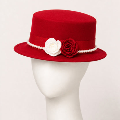 Mabel Pearl Chain Flat Top Hat in red