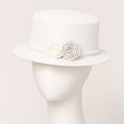 Mabel Pearl Chain Flat Top Hat in white