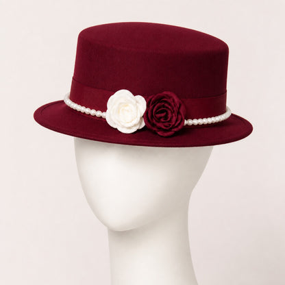 Mabel Pearl Chain Flat Top Hat in wine red