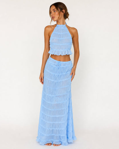 Marlowe Shirred Halter Top and Skirt Set in Light Blue