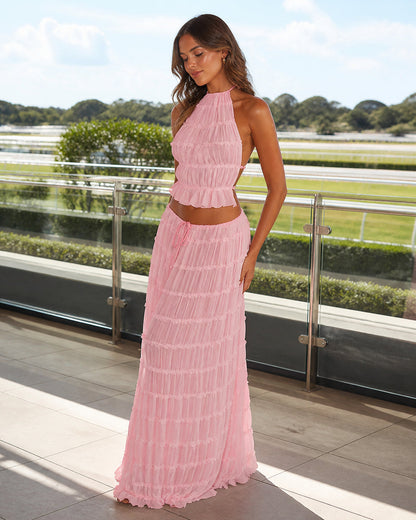 Marlowe Shirred Halter Top and Skirt Set in Pink — Australian race day